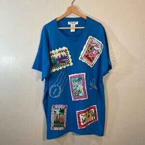 VICTORIA JONES T-SHIRT Women's Travel Post Cards Blue Sz 3X Eclectic Subliminal